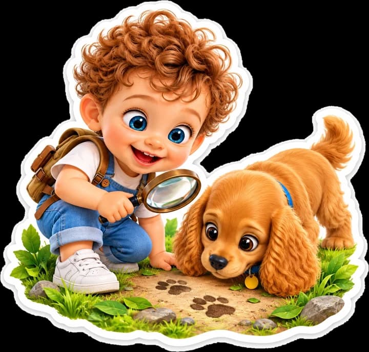 A sticker of Pochy and Coco following paw prints with a magnifying glass.