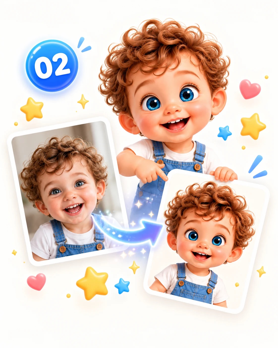 Step two: the child's photo and the same child drawn as a 3D cartoon character.