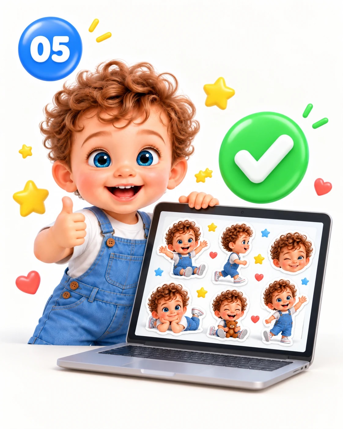 Step five: a child giving a thumbs up next to a laptop showing a sticker sheet with a green check.