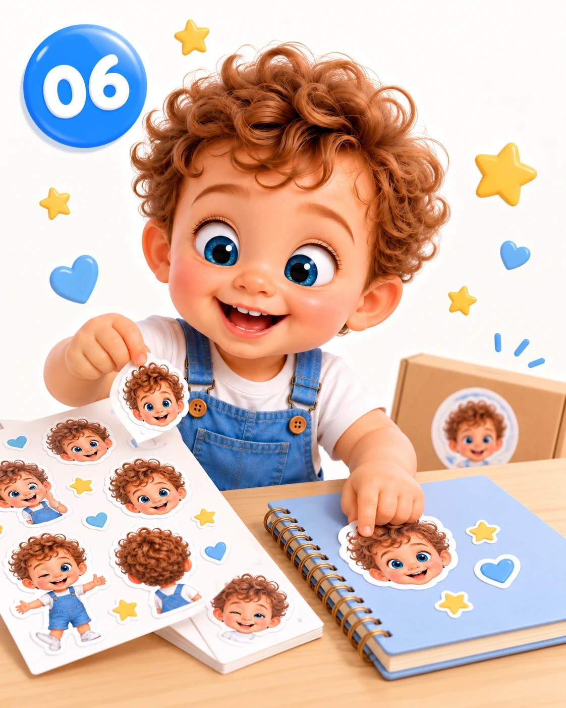Step six: a child peeling a sticker and sticking it on a notebook.